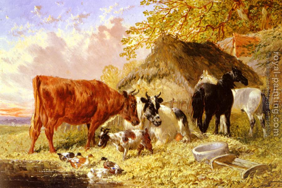 John Frederick Jr Herring : Horses, Cows, Ducks and a Goat by a Farmhouse